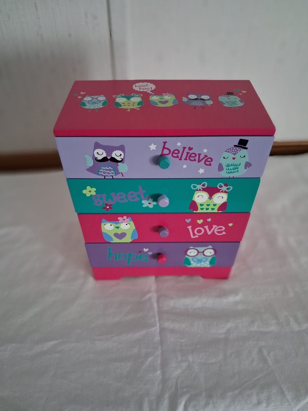 Girls Wooden Owl Jewelry Trinket Box 4 Drawer Pink and Purple